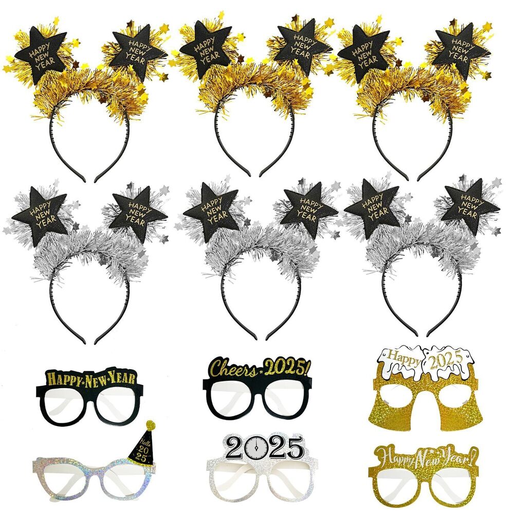 5114 Happy New Year Glasses and Headbands Set, 6 Pcs Glittered Funny